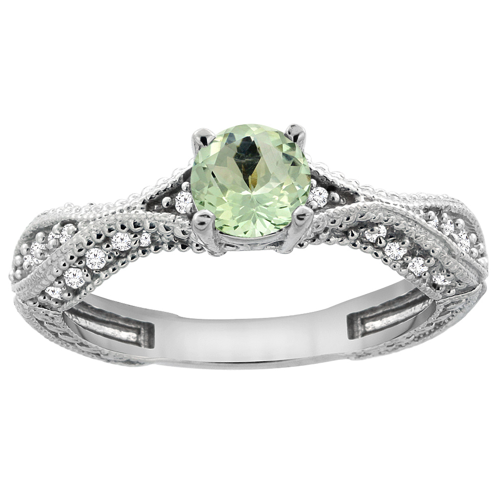 14K White Gold Natural Green Amethyst Round 5mm Engraved Engagement Ring Diamond Accents, sizes 5 - 10