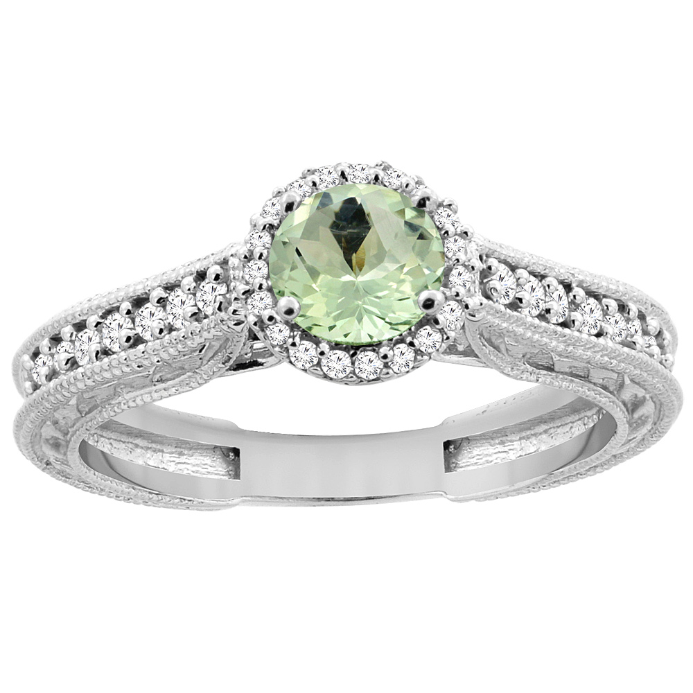 14K White Gold Natural Green Amethyst Round 5mm Engraved Engagement Ring Diamond Accents, sizes 5 - 10