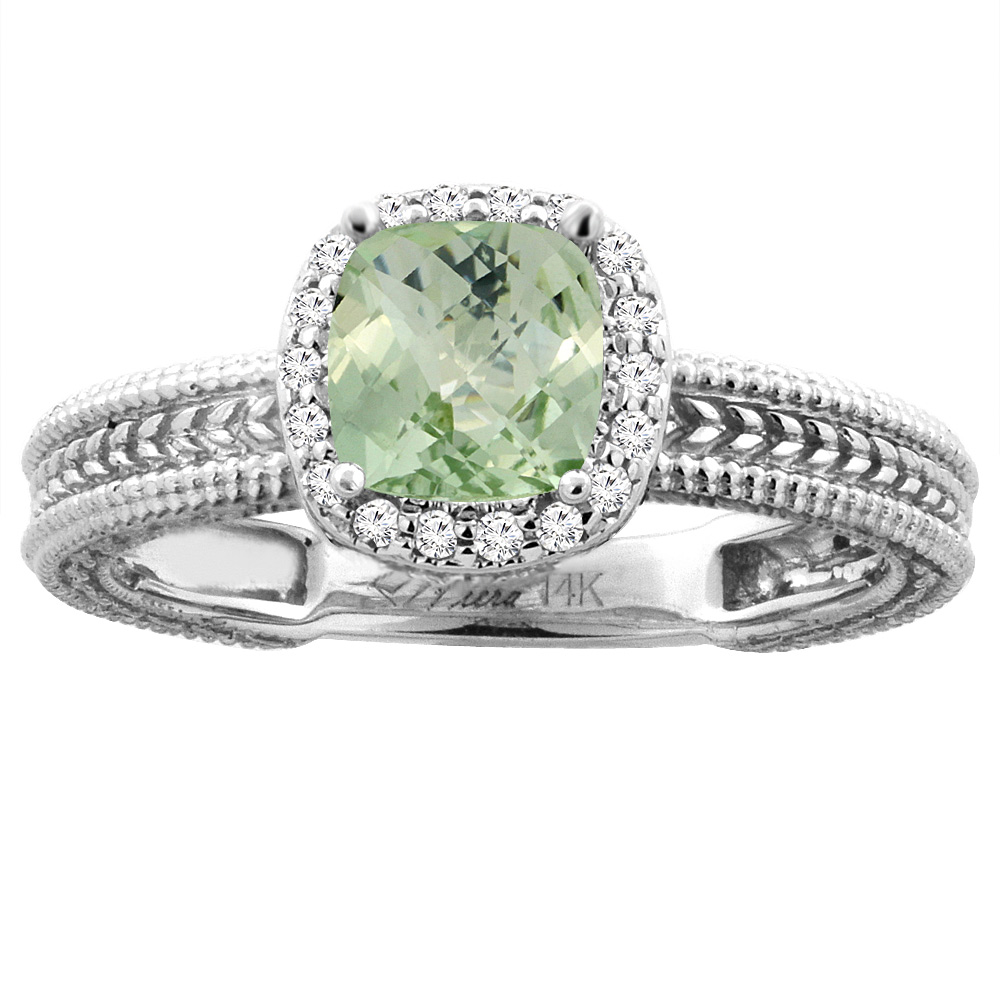 14K Yellow Gold Diamond Natural Green Amethyst Engagement Ring Cushion 7x7 mm, sizes 5-10