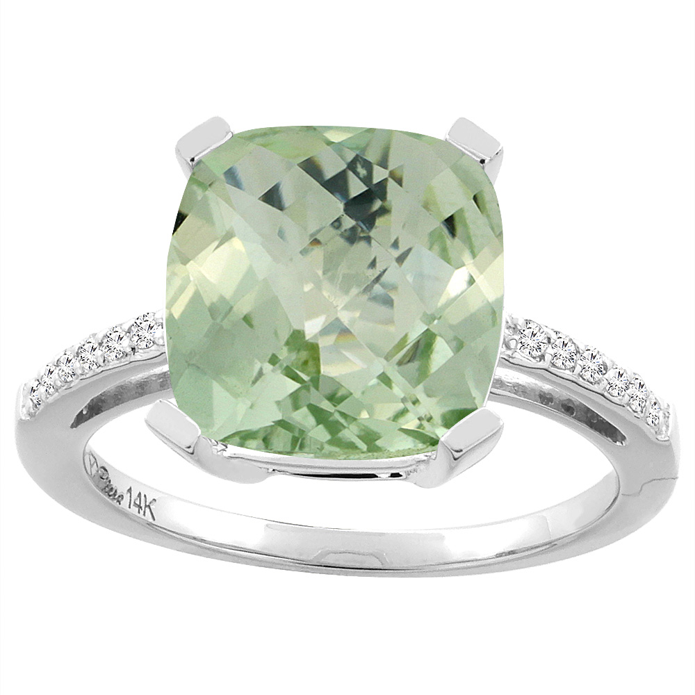 14K White Gold Natural Green Amethyst &amp; Diamond Ring Cushion-cut 12x10 mm, sizes 5-10