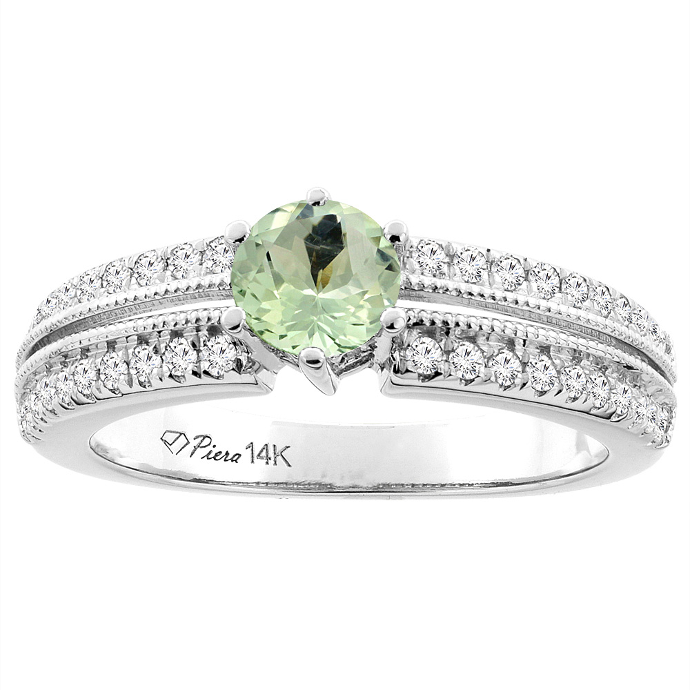 14K White Gold Natural Green Amethyst & Diamond Ring Round 6 mm, sizes 5-10