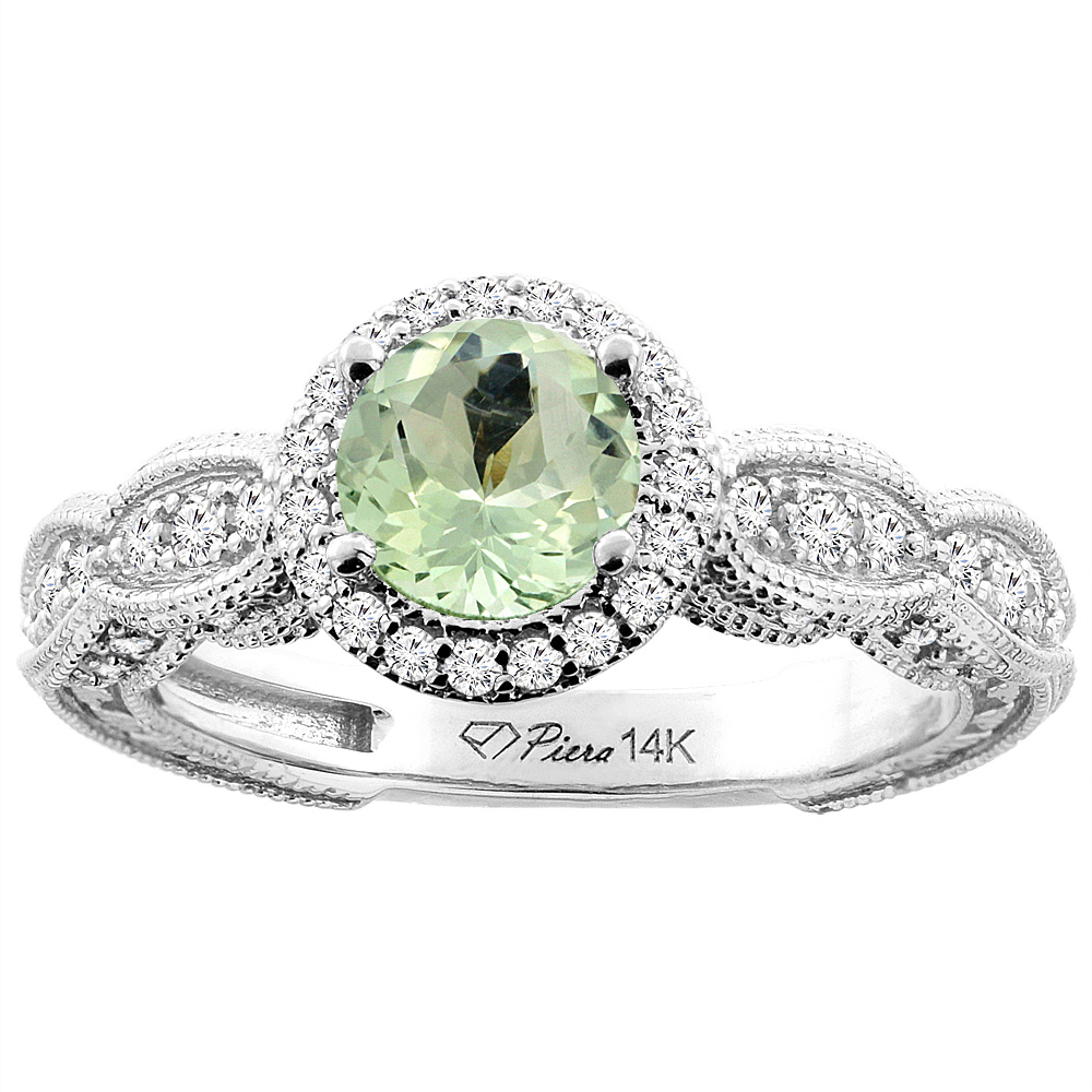 14K White Gold Natural Green Amethyst & Diamond Halo Ring Round 6 mm, sizes 5-10