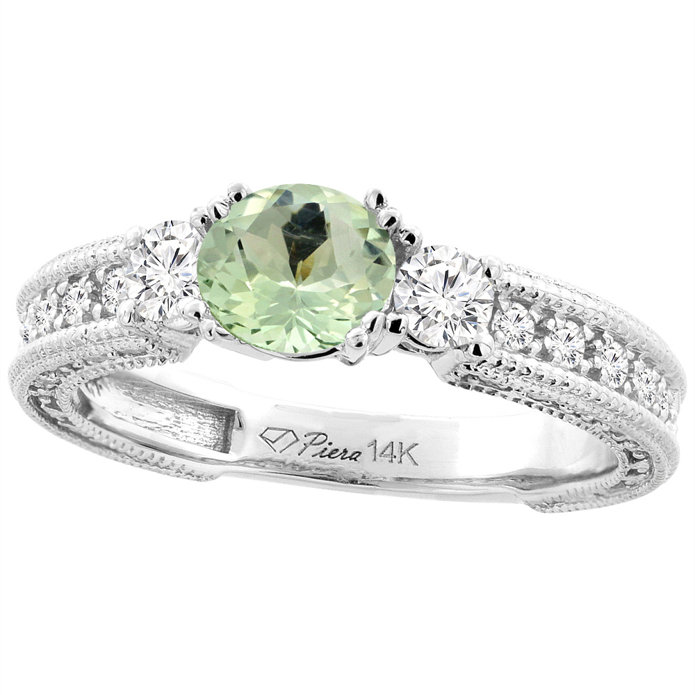 14K White Gold Natural Green Amethyst & Diamond Ring Round 6 mm, sizes 5-10