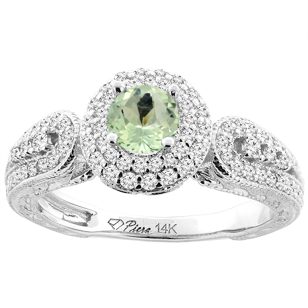 14K White Gold Natural Green Amethyst & Diamond Halo Ring Round 5 mm, sizes 5-10