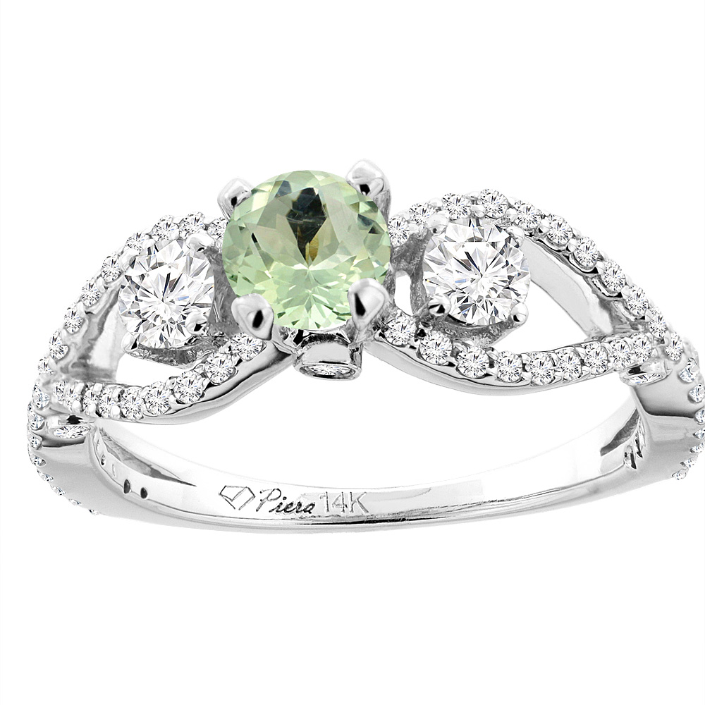 14K White Gold Natural Green Amethyst & Diamond Ring Round 6 mm, sizes 5-10