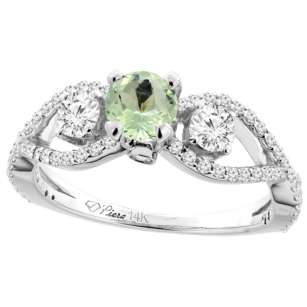 14K White Gold Natural Green Amethyst & Diamond Ring Round 6 mm, sizes 5-10