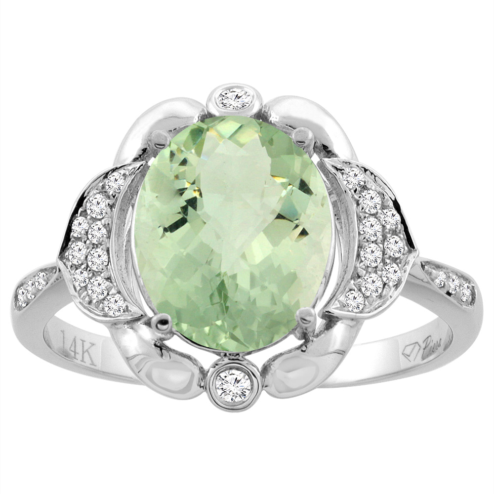 14K White Gold Diamond Natural Green Amethyst Engagement Ring Oval 10x8mm, sizes 5-10