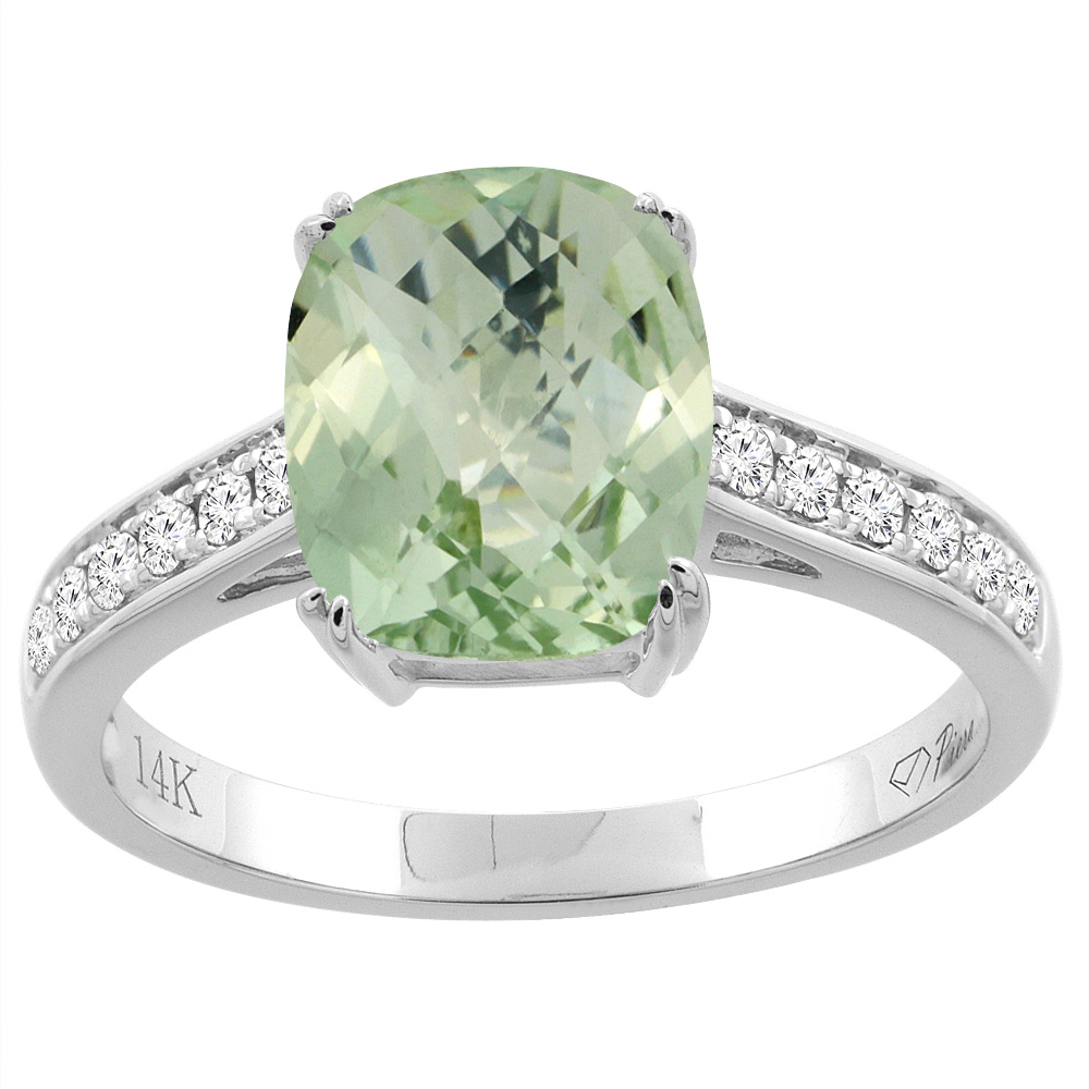 14K Gold Natural Green Amethyst Ring Cushion Cut 9x7 mm Diamond Accents, sizes 5 - 10