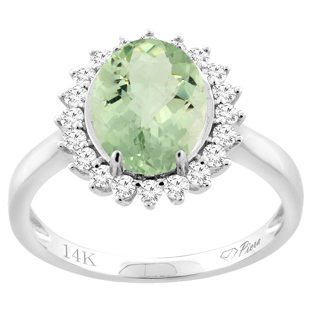 14K White Gold Diamond Natural Green Amethyst Engagement Ring Oval 10x8mm, sizes 5-10