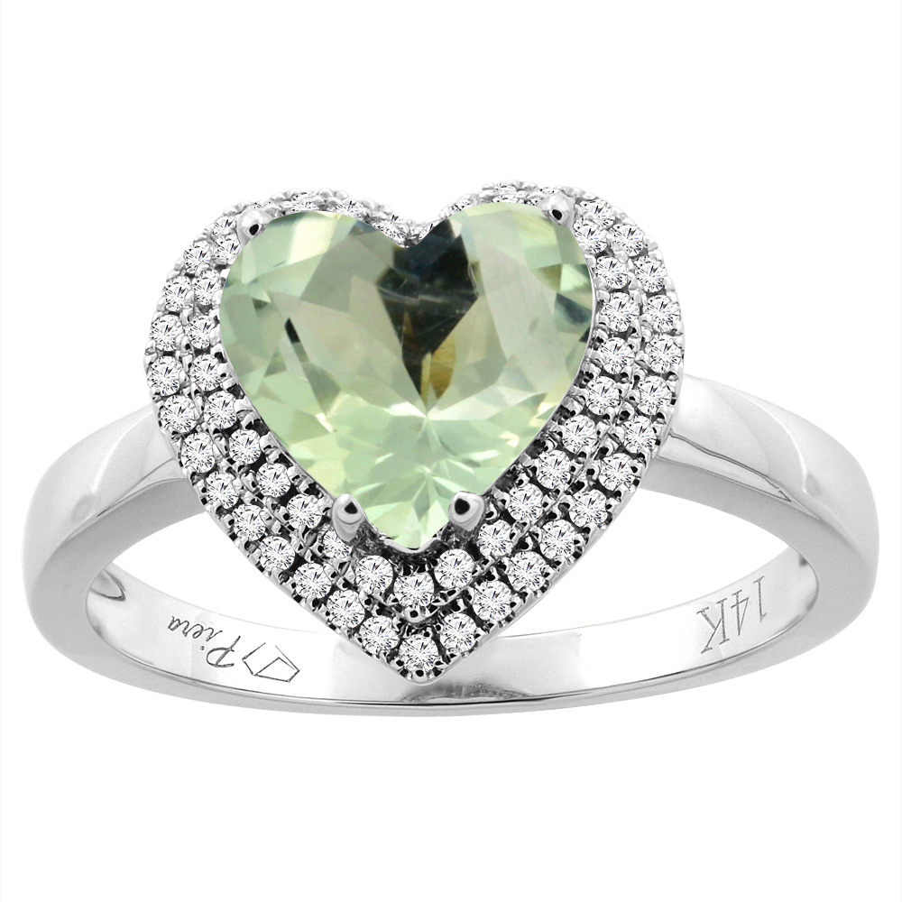 14K Gold Natural Green Amethyst Ring Heart Shape 8 mm Diamond Accents, sizes 5 - 10
