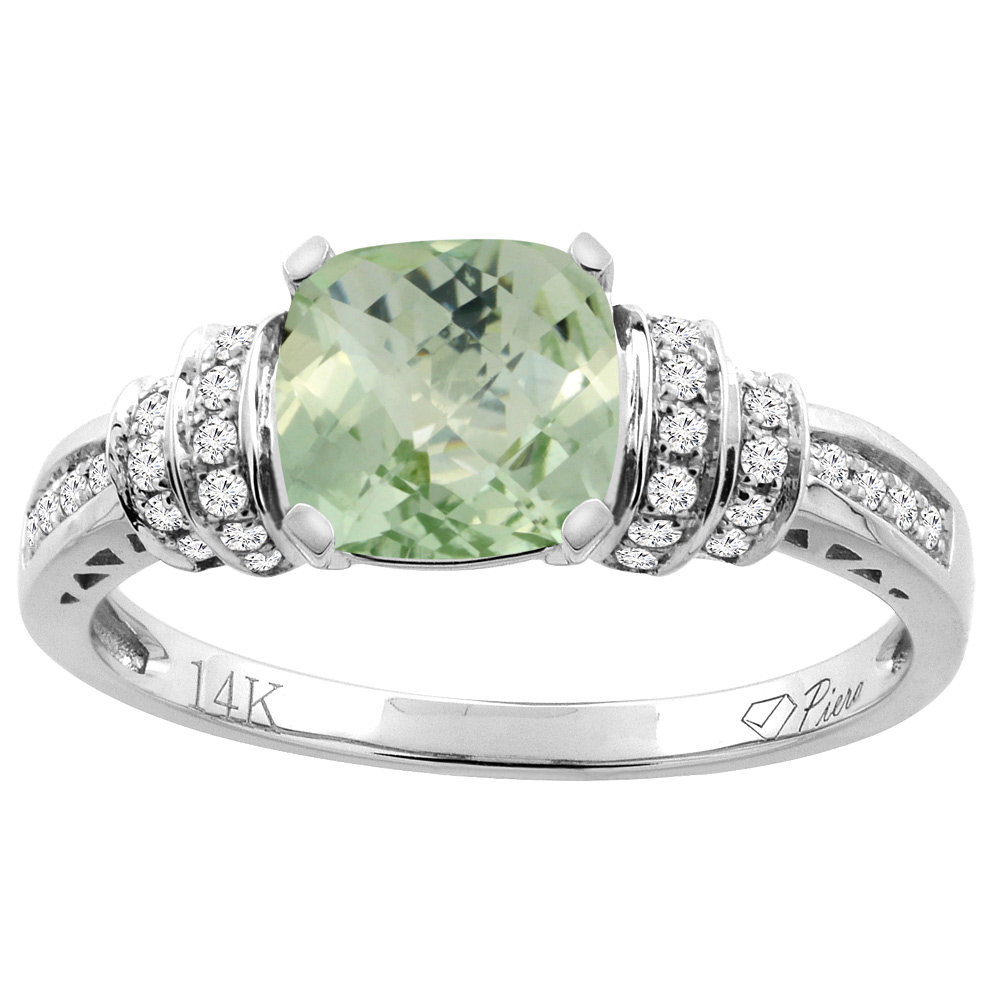 14K Gold Natural Green Amethyst Ring Cushion Cut 7x7 mm Diamond Accents, sizes 5 - 10