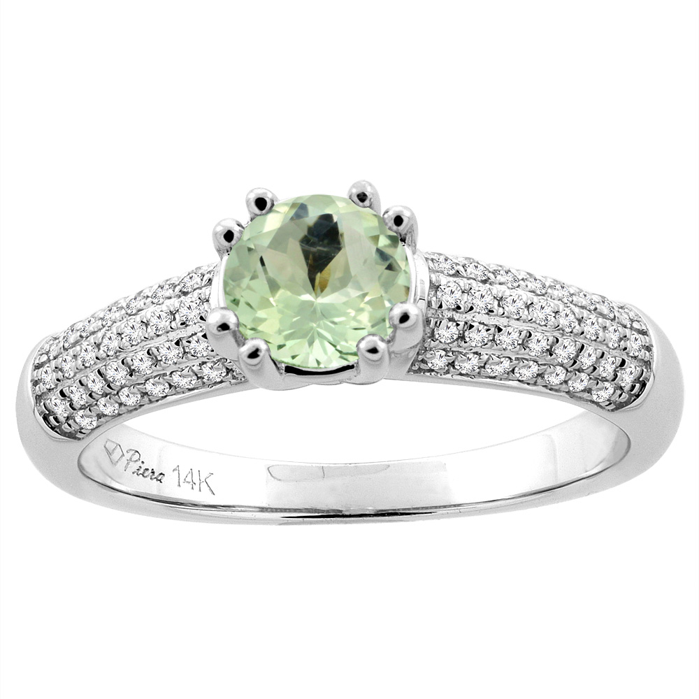 14K White Gold Natural Green Amethyst Engagement Ring Round 6 mm & Diamond Accents, sizes 5 - 10