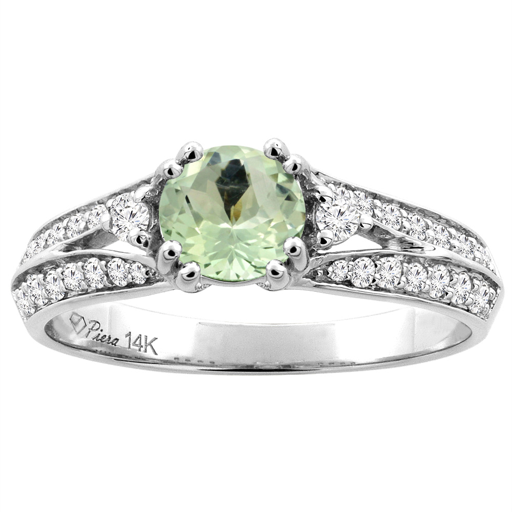 14K White Gold Natural Green Amethyst Engagement Ring Round 6 mm & Diamond Accents, sizes 5 - 10