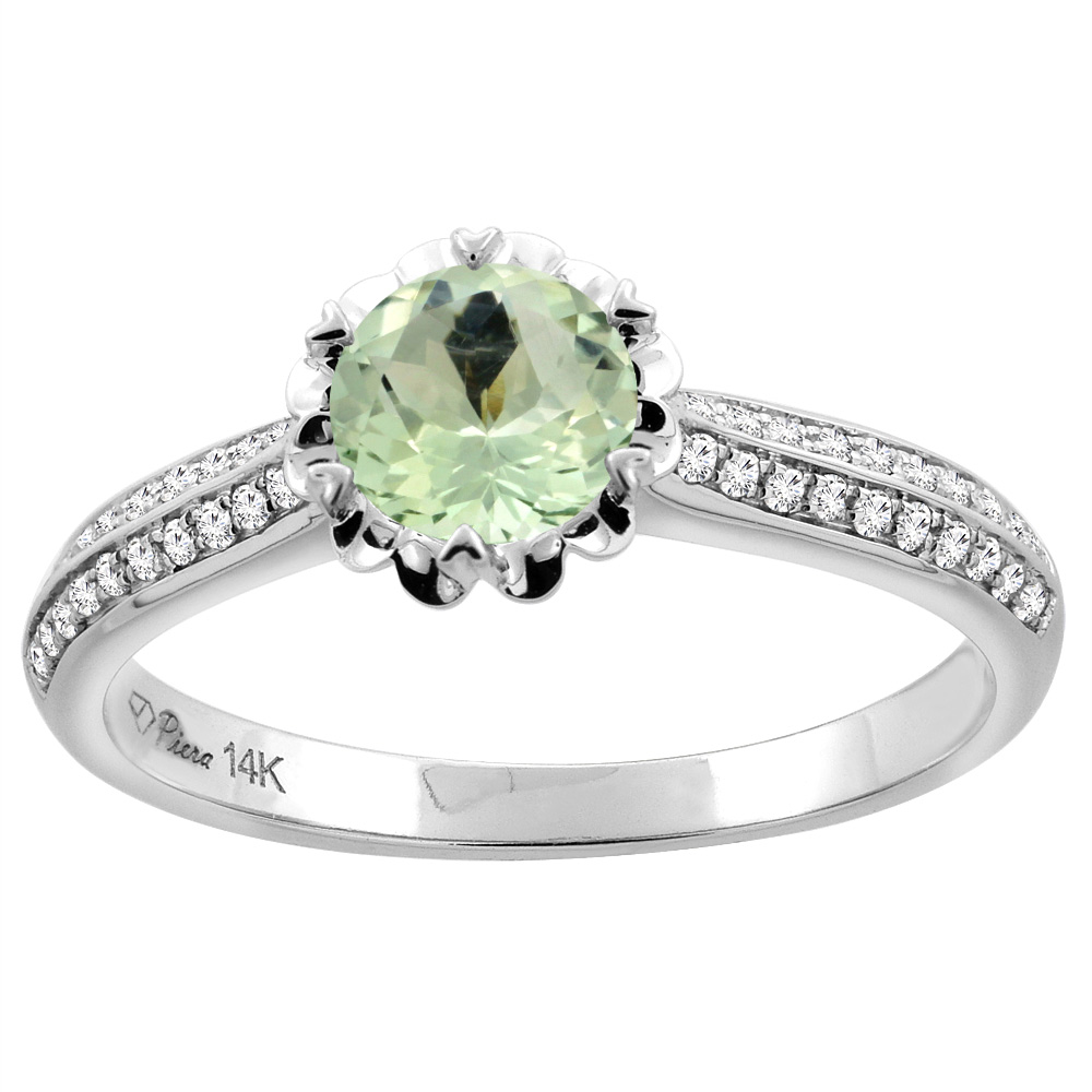 14K White Gold Natural Green Amethyst Engagement Ring Round 6 mm & Diamond Accents, sizes 5 - 10