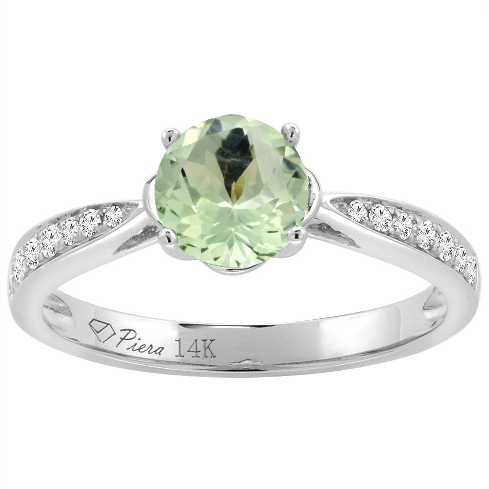 14K White Gold Diamond Natural Green Amethyst Engagement Ring Round 7 mm, sizes 5-10