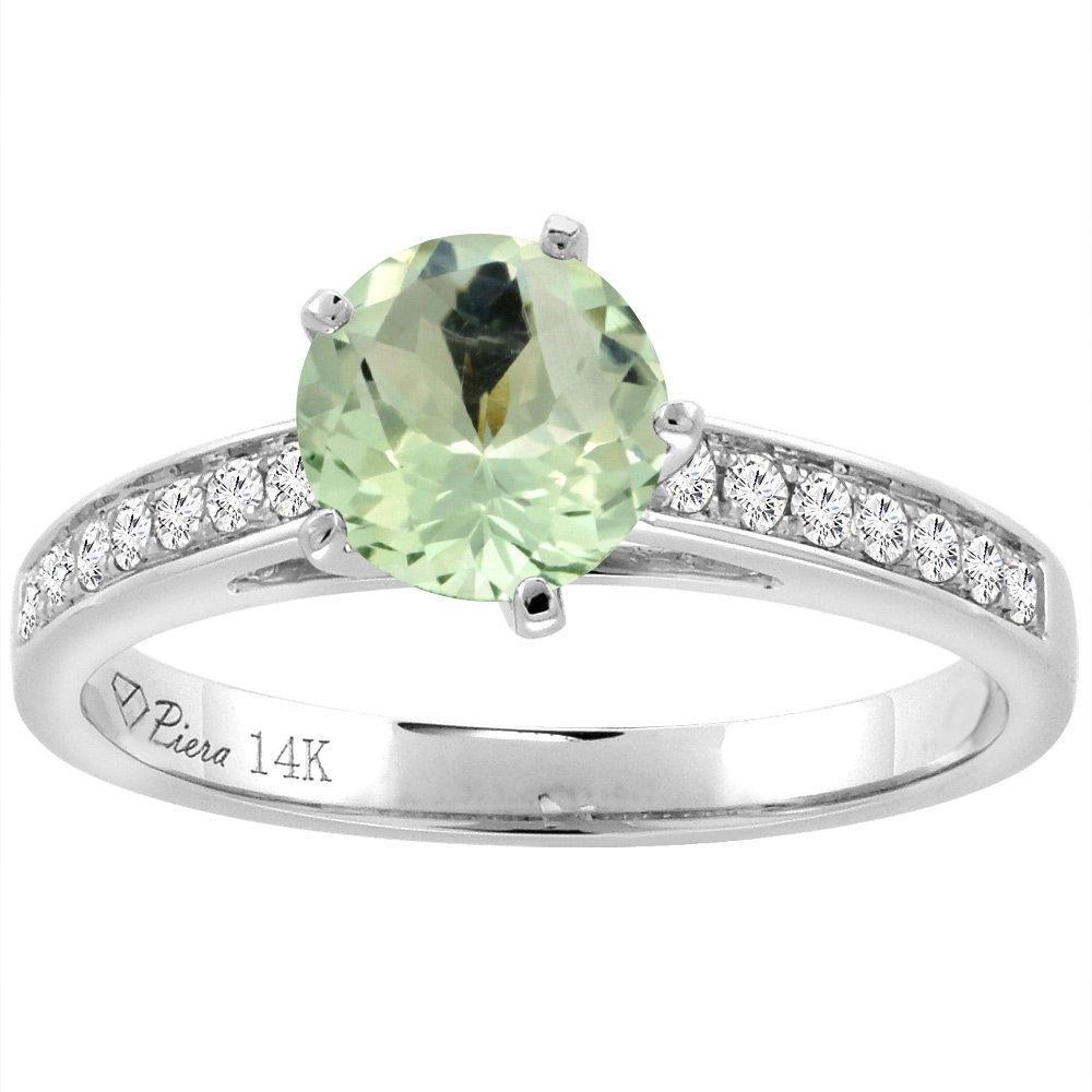 14K White Gold Diamond Natural Green Amethyst Engagement Ring Round 7 mm, sizes 5-10