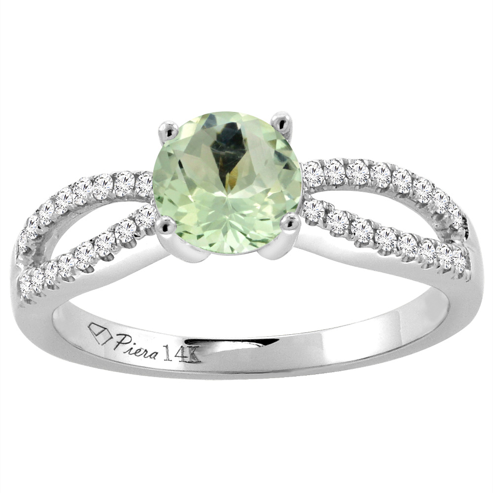 14K White Gold Diamond Natural Green Amethyst Engagement Ring Round 7 mm, sizes 5-10