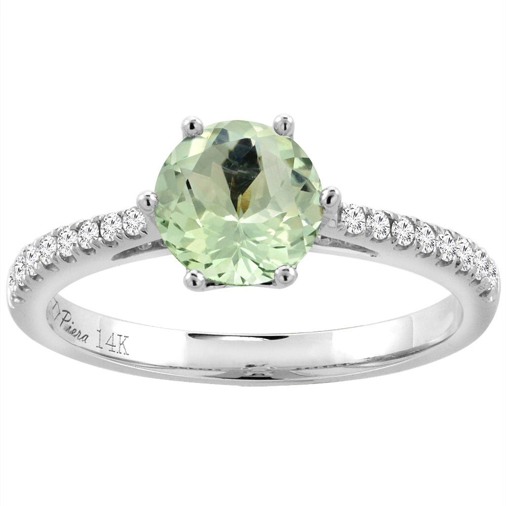 14K White Gold Diamond Natural Green Amethyst Engagement Ring Round 7 mm, sizes 5-10