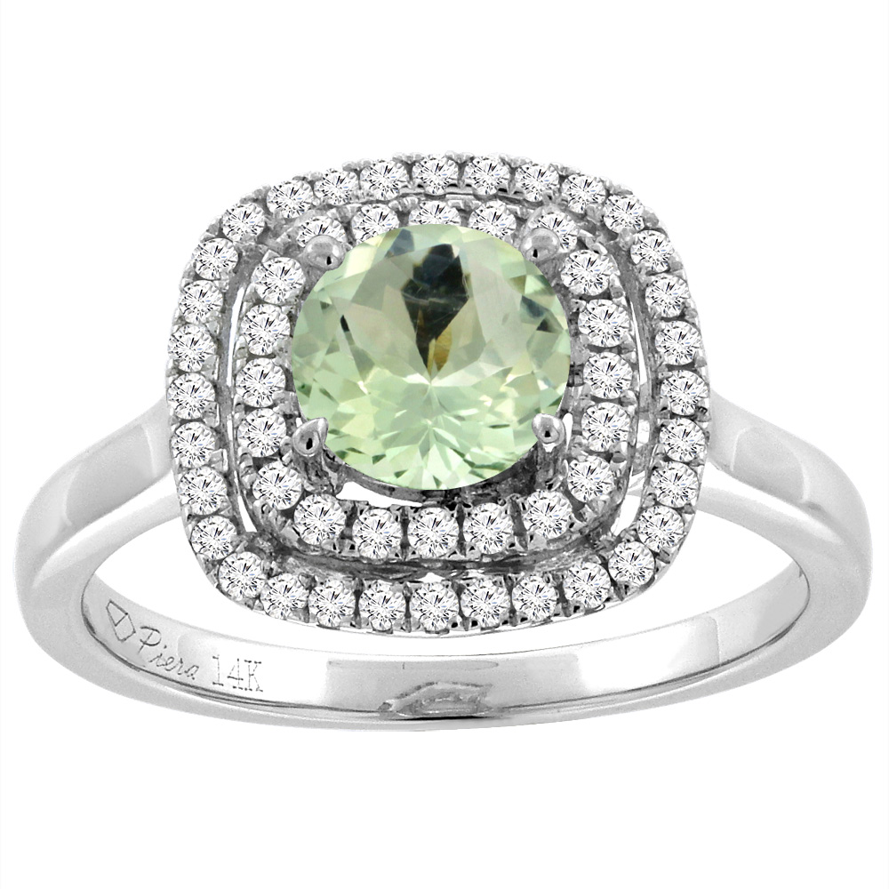 14K White Gold Natural Green Amethyst Double Halo Diamond Engagement Ring Round 7 mm, sizes 5-10