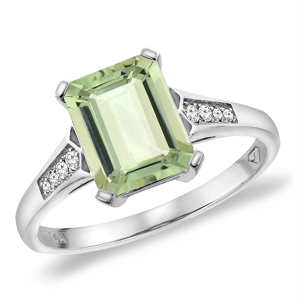 14K White Gold Natural Green Amethyst Ring 9x7 mm Octagon with Diamond Accent, sizes 5 -10