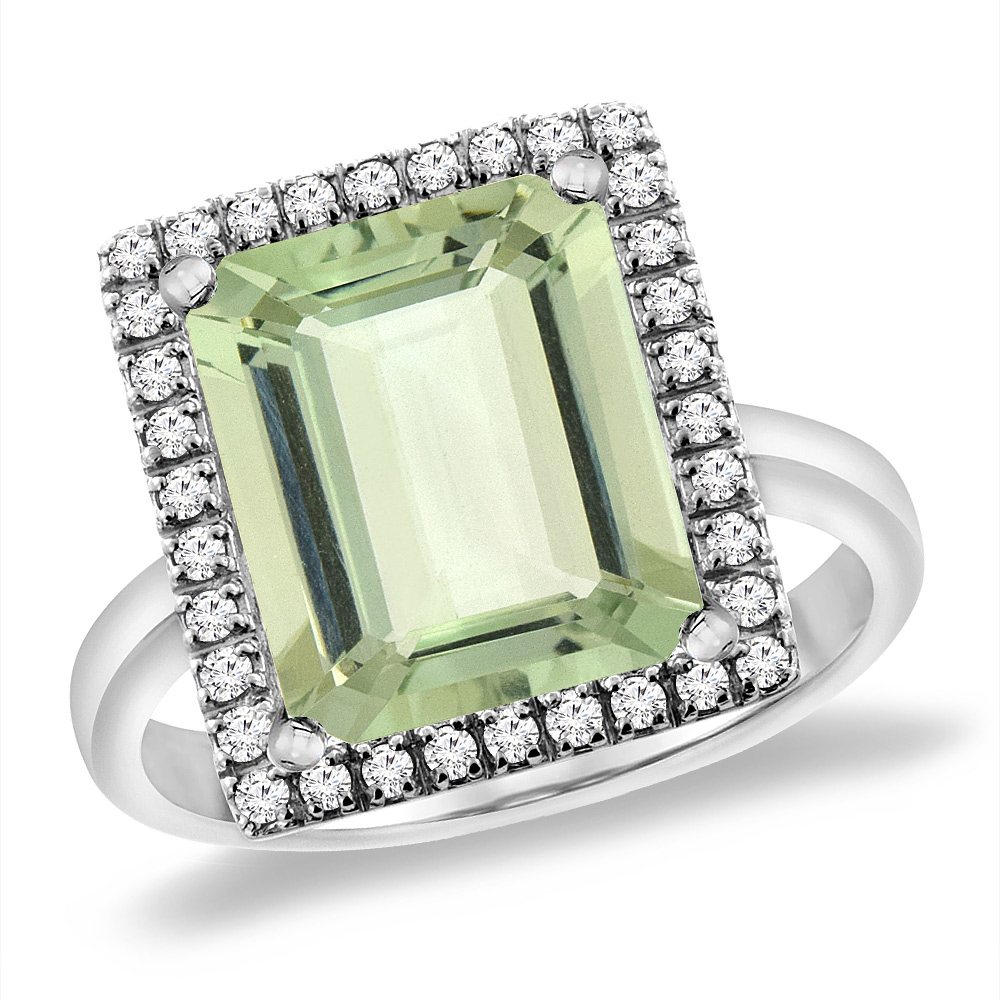 14K White Gold Natural Green Amethyst Ring Diamond Accent 12x10 mm Octagon, sizes 5 -10