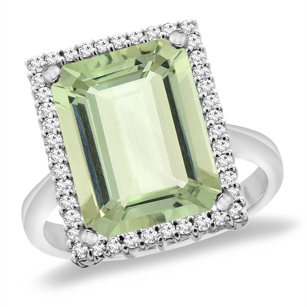14K White Gold Natural Green Amethyst Ring Diamond Accent 14x10 mm Octagon, sizes 5 -10