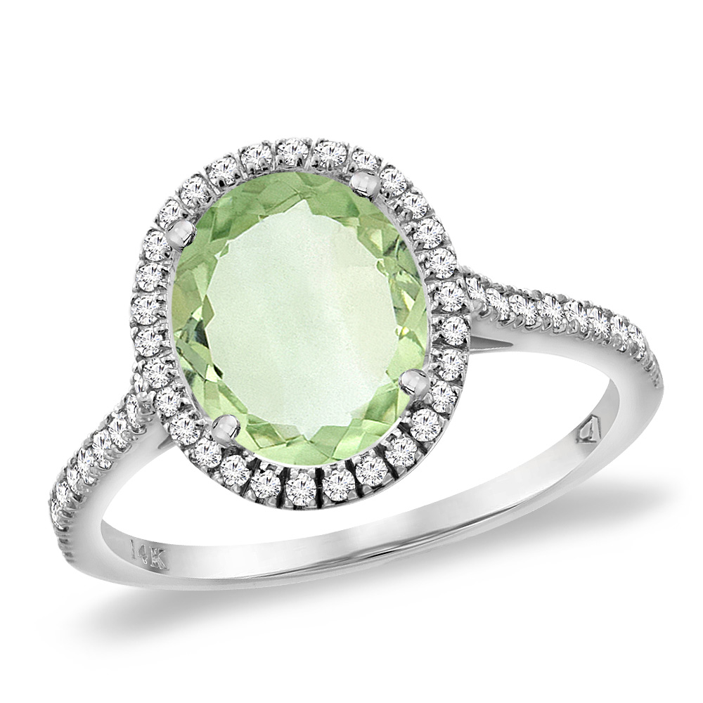 14K White Gold Natural Green Amethyst Diamond Halo Engagement Ring 10x8 mm Oval, sizes 5 -10