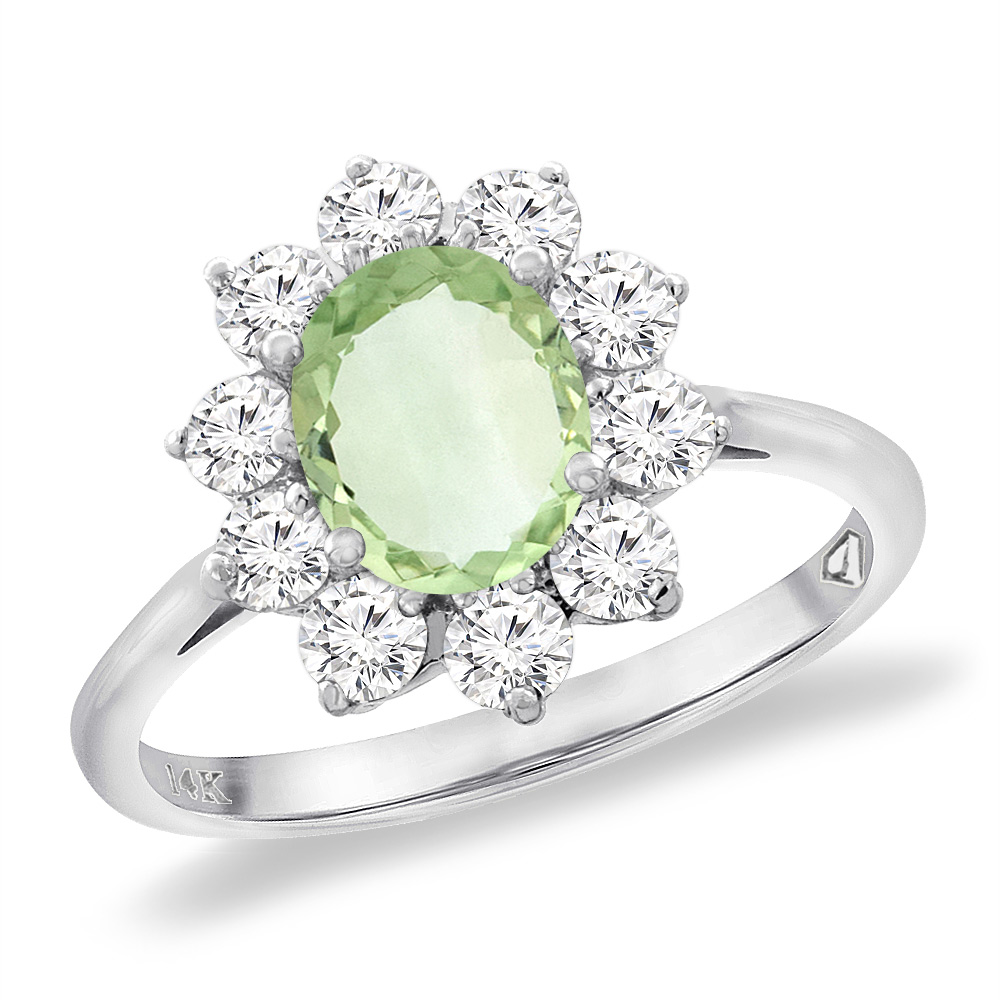 14K White Gold Diamond Natural Green Amethyst Engagement Ring Oval 8x6 mm, sizes 5 -10