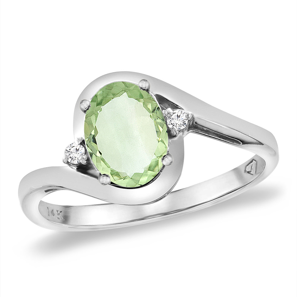 14K White Gold Diamond Natural Green Amethyst Bypass Engagement Ring Oval 8x6 mm, sizes 5 -10