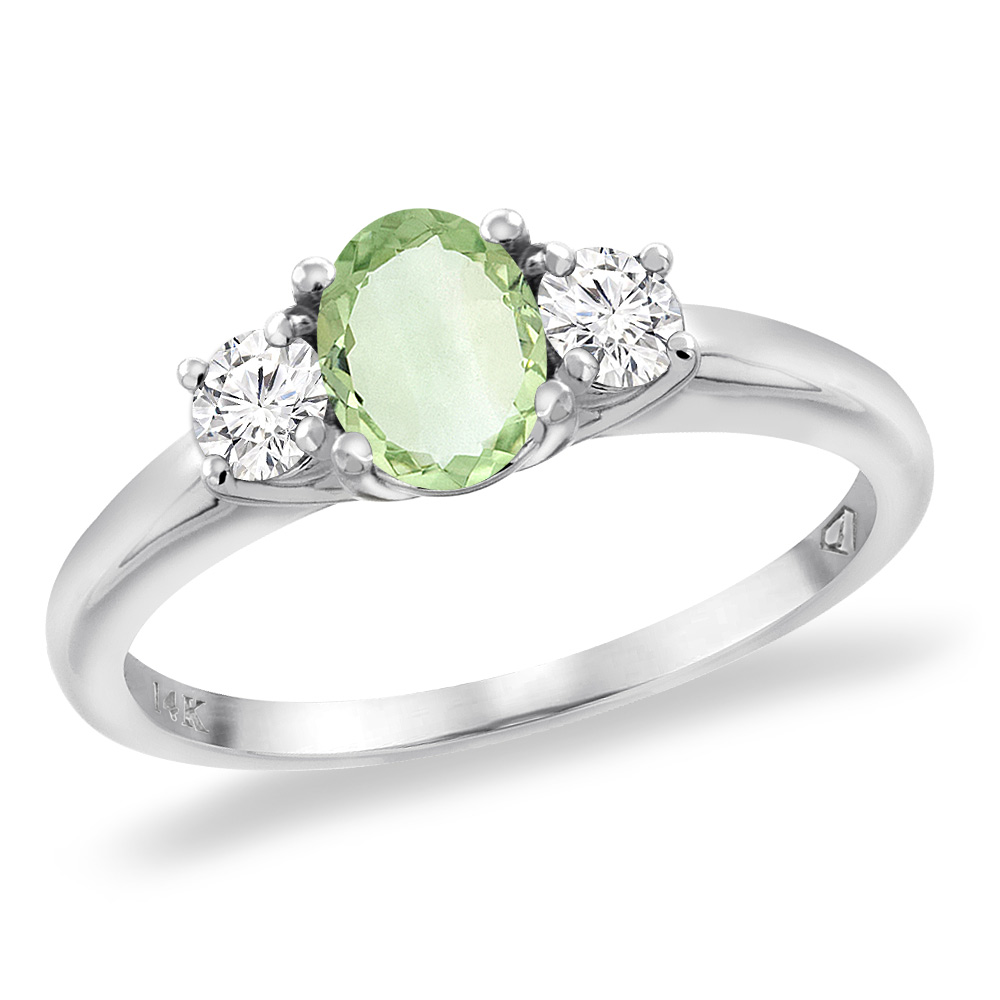 14K White Gold Natural Green Amethyst Engagement Ring Diamond Accents Oval 7x5 mm, sizes 5 -10