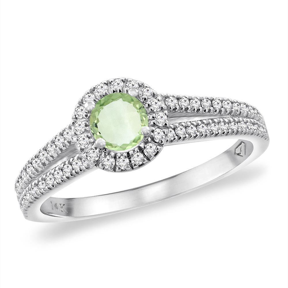 14K White Gold Natural Green Amethyst Split Shank Diamond Halo Engagement Ring 4mm Round, sizes 5 -10