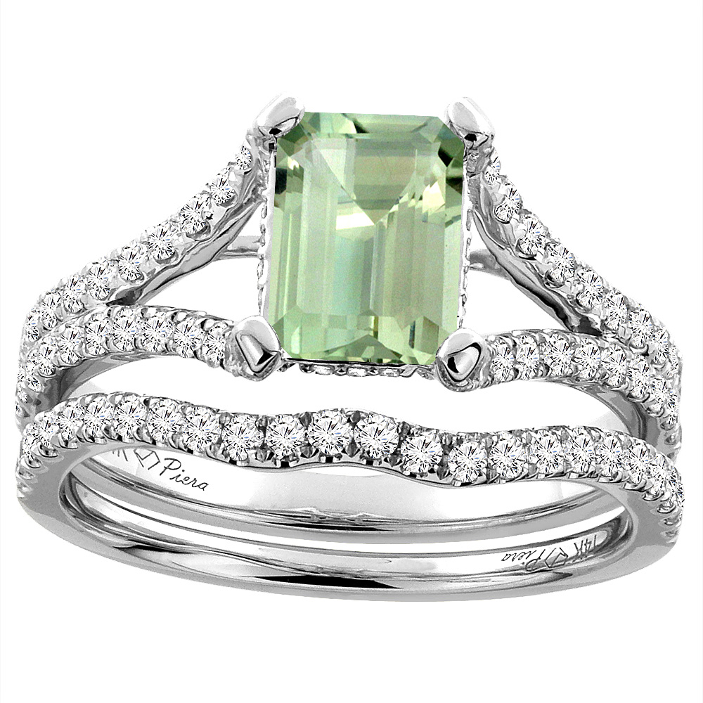 14K White Gold Natural Green Amethyst Engagement Ring Set Emerald 8x6 mm, sizes 5-10