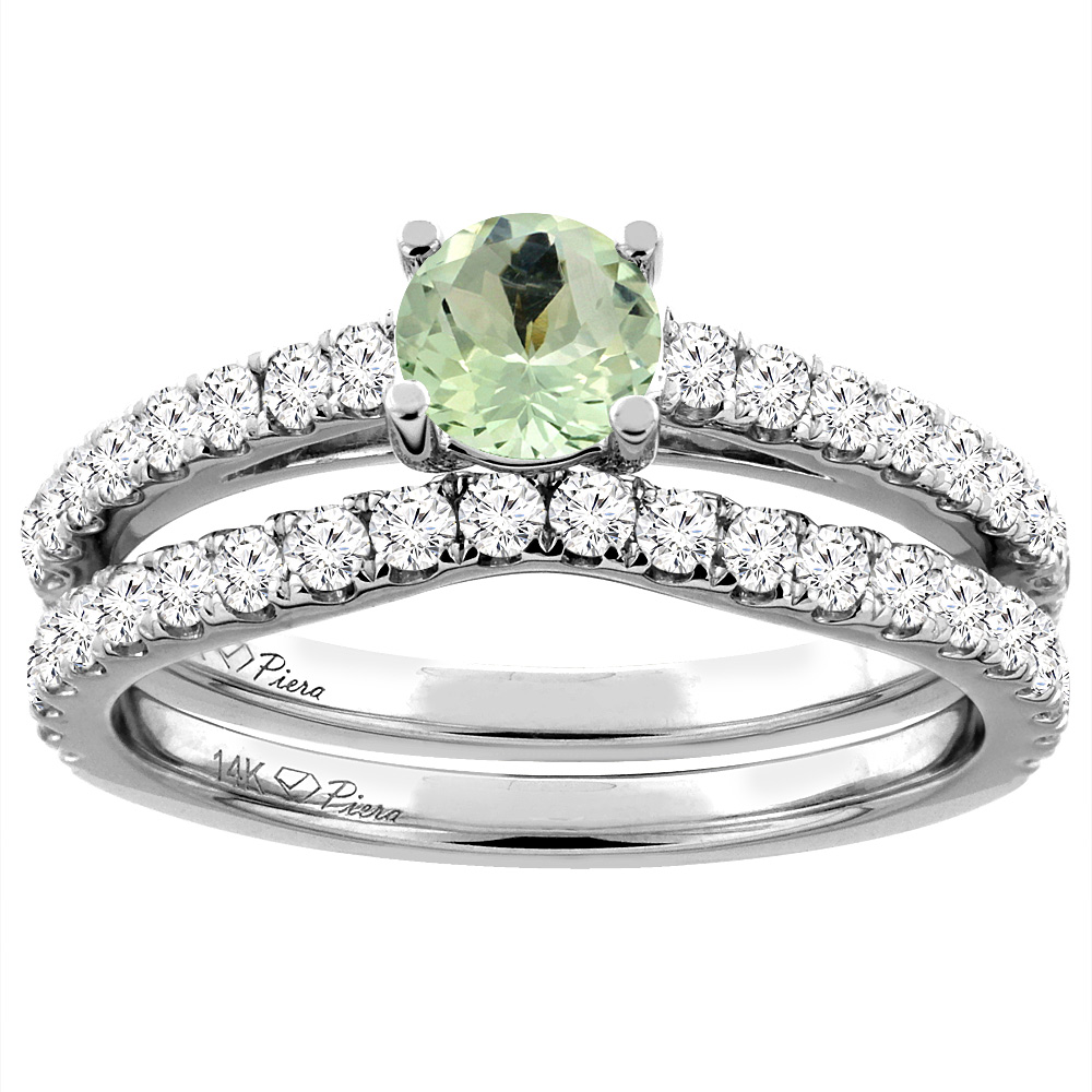 14K White Gold Diamond Natural Green Amethyst Engagement Bridal Ring Set Round 6 mm, sizes 5-10