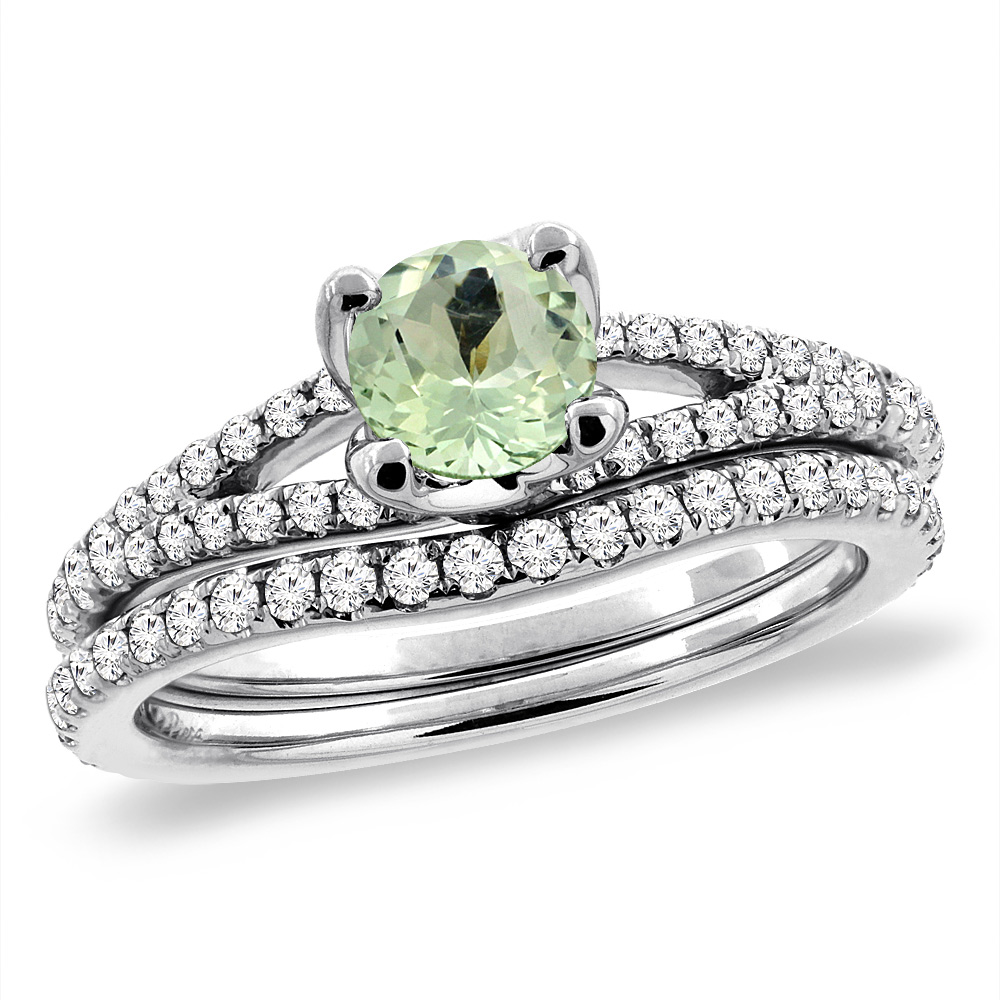 14K White Gold Diamond Natural Green Amethyst 2pc Engagement Ring Set Round 5 mm, size 5-10