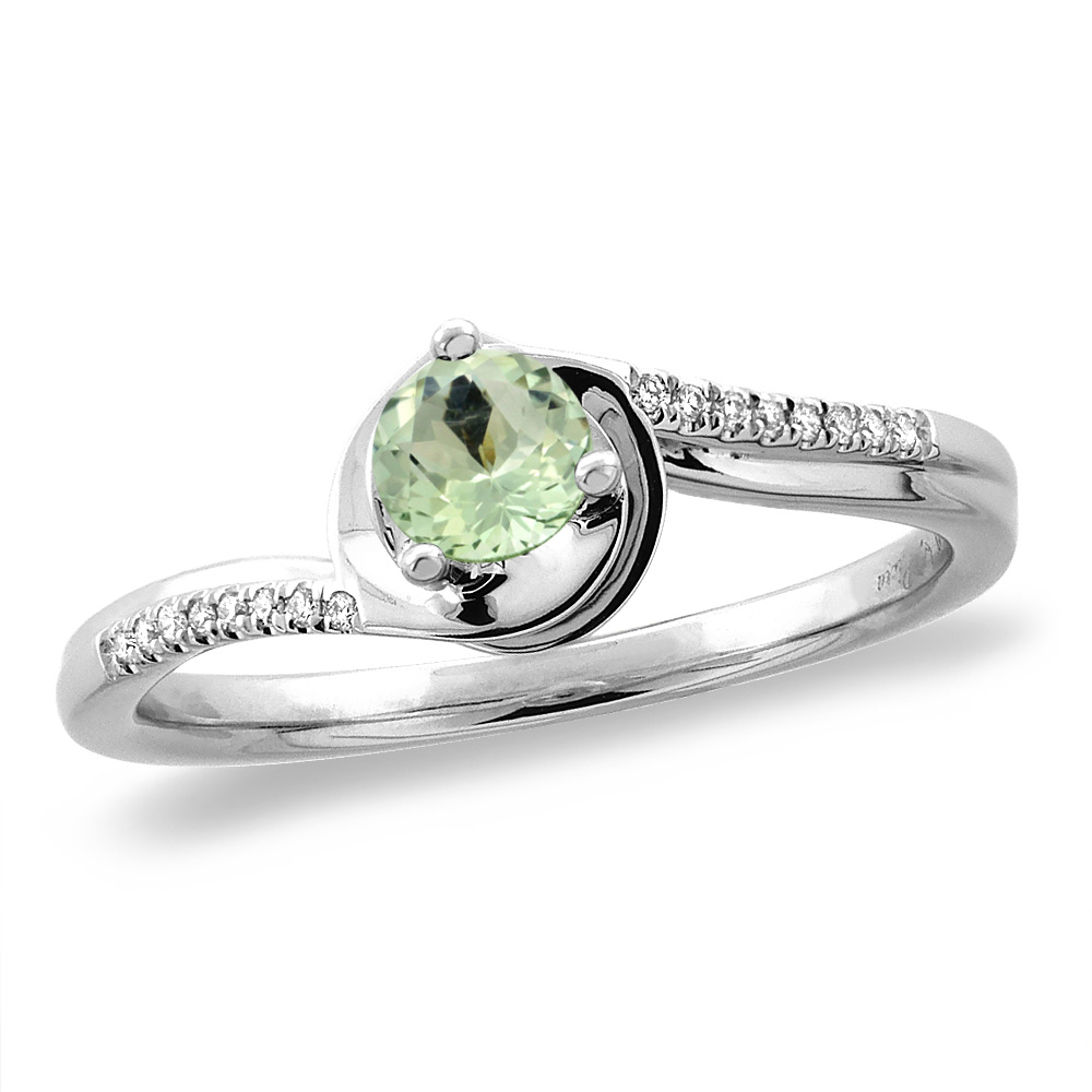 14K White/Yellow Gold Diamond Natural Green Amethyst Bypass Engagement Ring Round 4 mm, sizes 5 -10