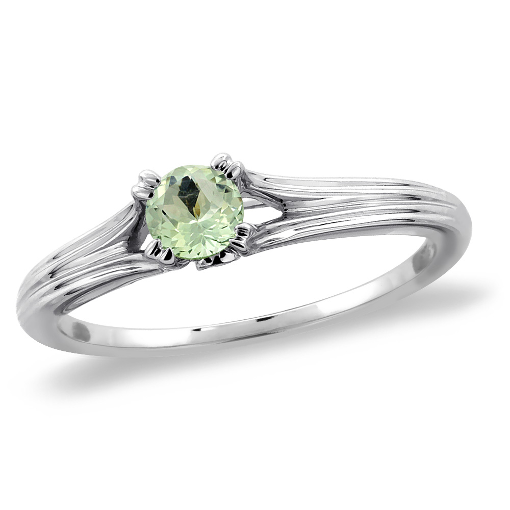 14K White Gold Diamond Natural Green Amethyst Solitaire Engagement Ring Round 5 mm, sizes 5 -10