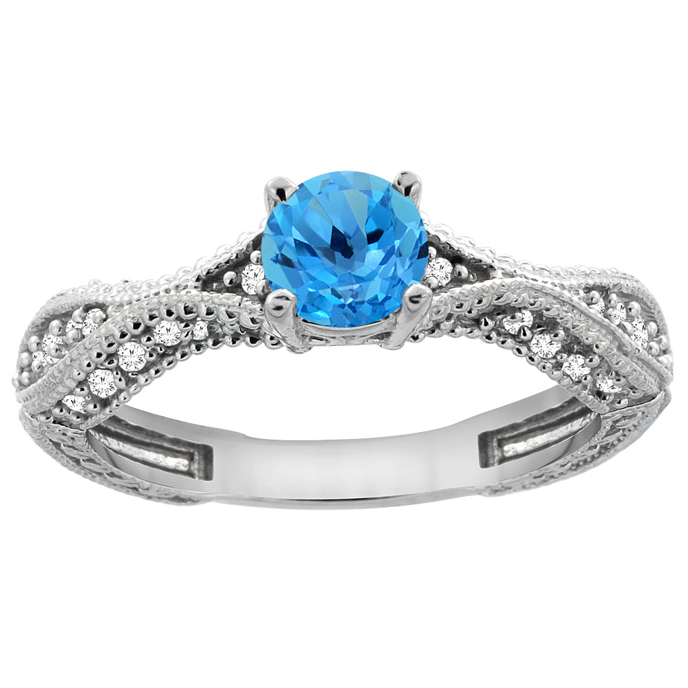 14K White Gold Natural Swiss Blue Topaz Round 5mm Engraved Engagement Ring Diamond Accents, sizes 5 - 10