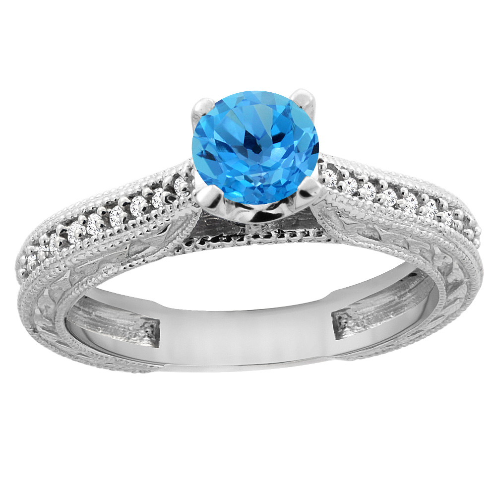 14K White Gold Natural Swiss Blue Topaz Round 5mm Engraved Engagement Ring Diamond Accents, sizes 5 - 10