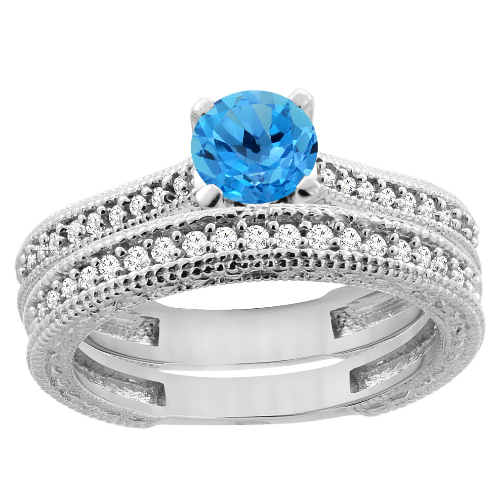 14K White Gold Natural Swiss Blue Topaz Round 5mm Engraved Engagement Ring 2-piece Set Diamond Accents, sizes 5 - 10