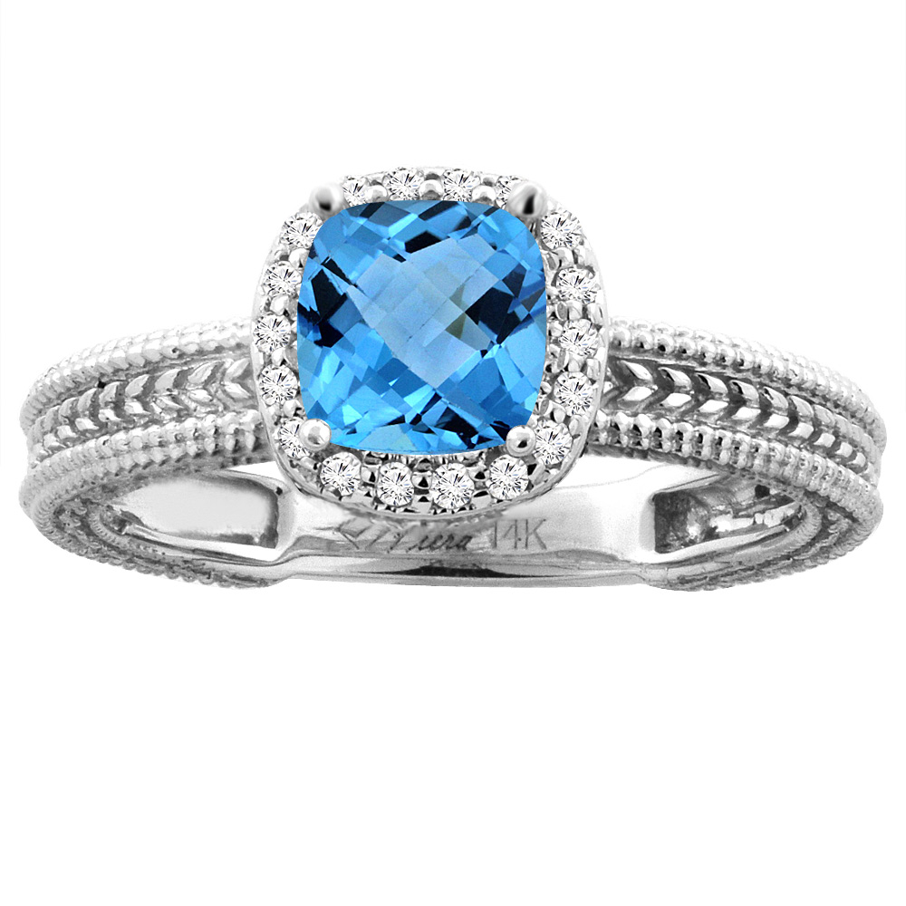 14K Yellow Gold Diamond Natural Swiss Blue Topaz Engagement Ring Cushion 7x7 mm, sizes 5-10