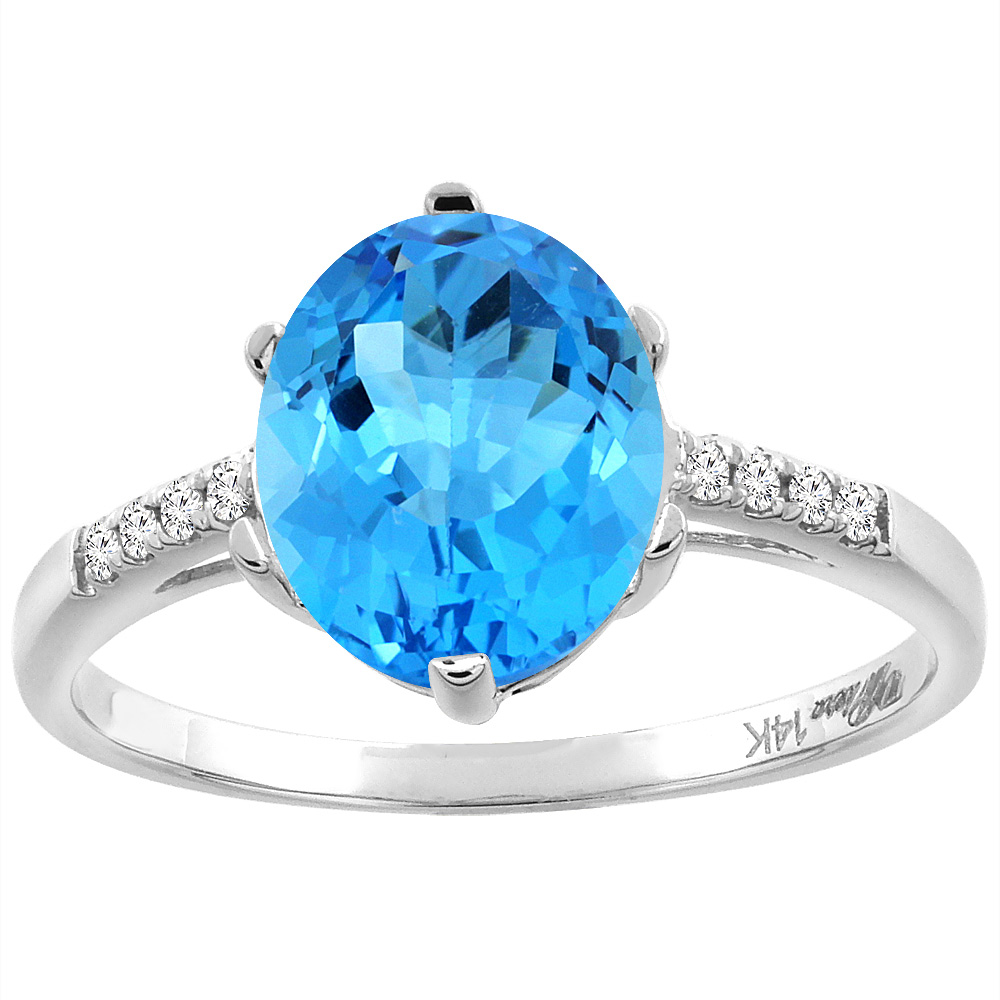 14K White Gold Natural Swiss Blue Topaz & Diamond Ring Oval 10x8 mm, sizes 5-10