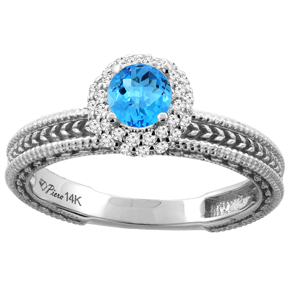 14K Yellow Gold Natural Swiss Blue Topaz &amp; Diamond Engagement Ring Round 5 mm, sizes 5-10
