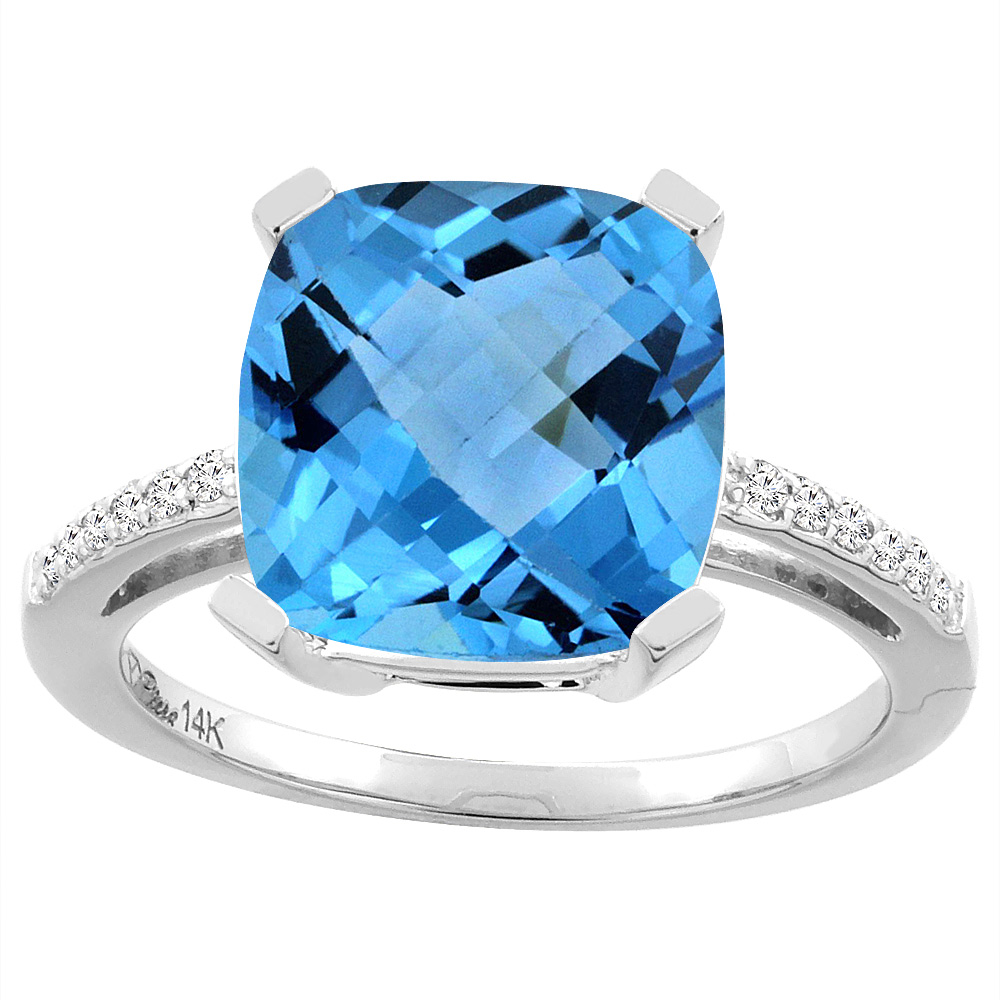 14K Yellow Gold Natural Swiss Blue Topaz &amp; Diamond Ring Cushion-cut 12x10 mm, sizes 5-10