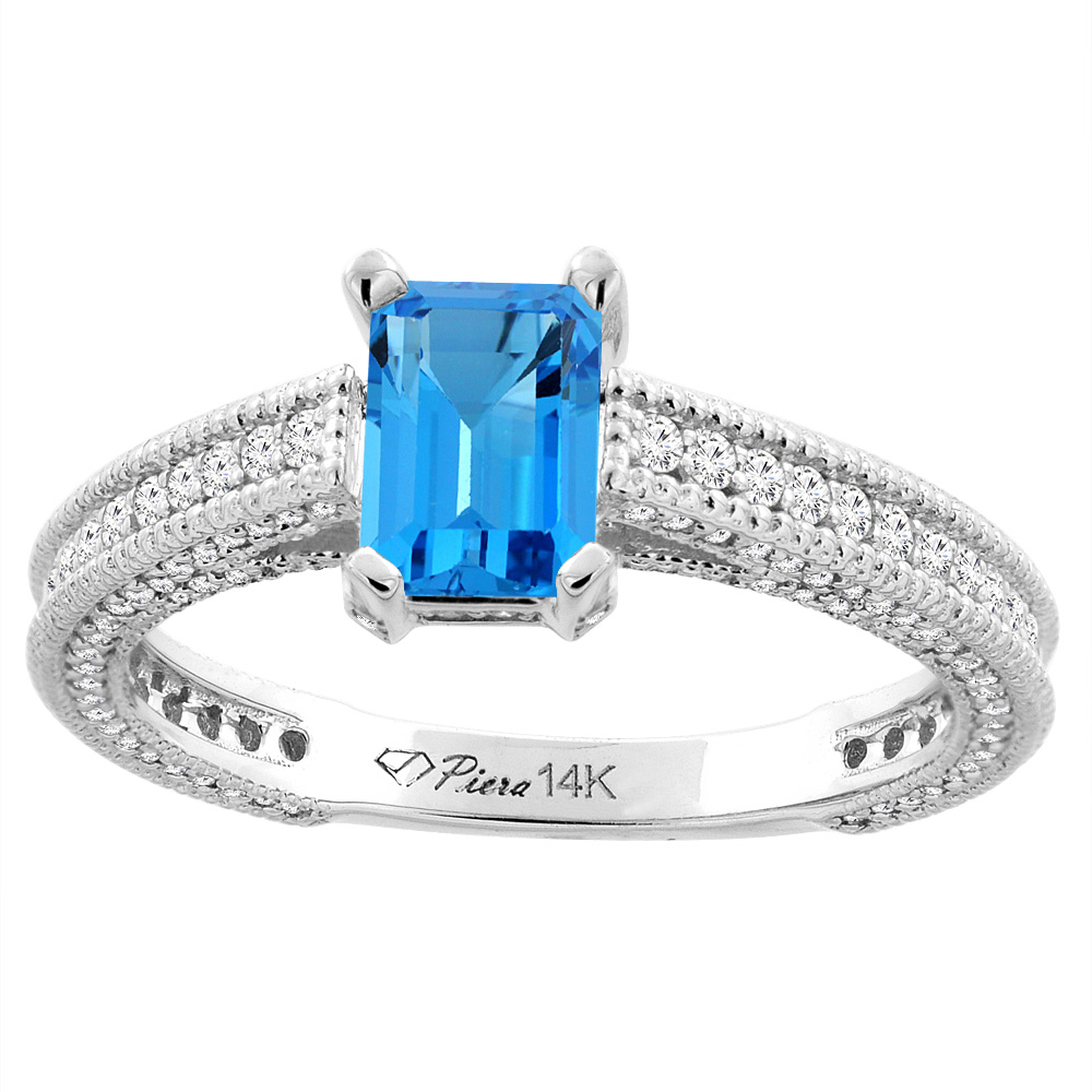 14K White Gold Natural Swiss Blue Topaz & Diamond Ring Octagon 7x5 mm, sizes 5-10