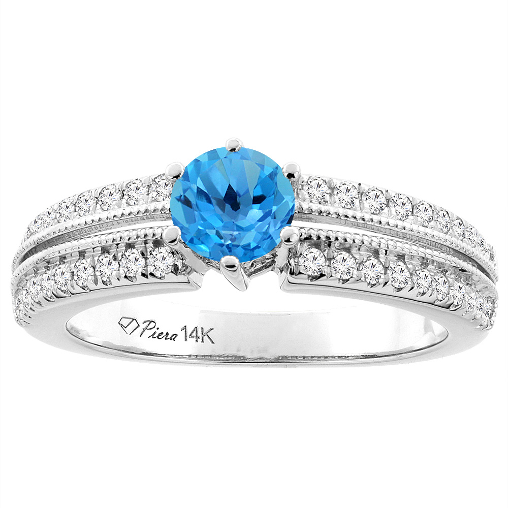 14K White Gold Natural Swiss Blue Topaz & Diamond Ring Round 6 mm, sizes 5-10