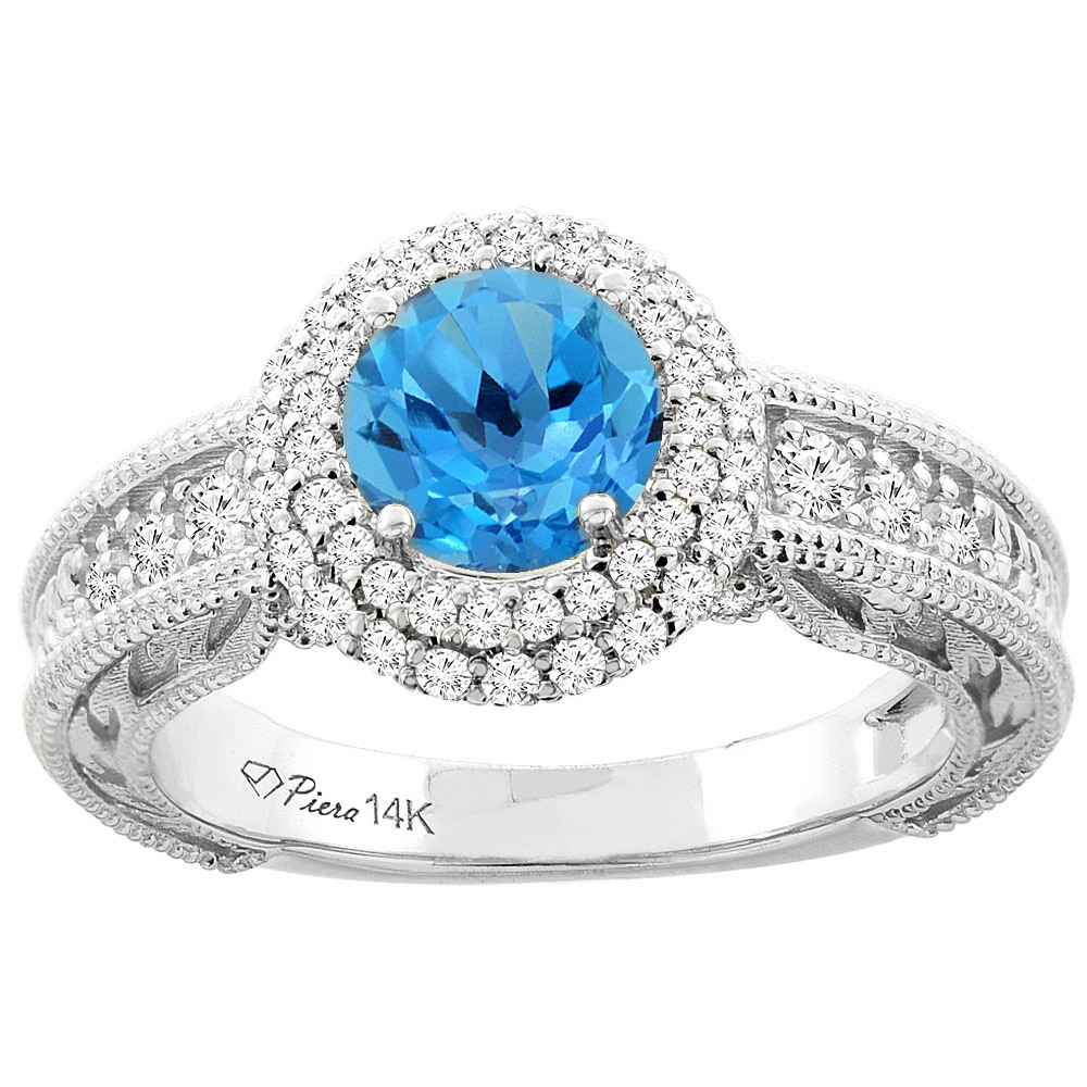 14K Yellow Gold Natural Swiss Blue Topaz & Diamond Halo Ring Round 6 mm, sizes 5-10