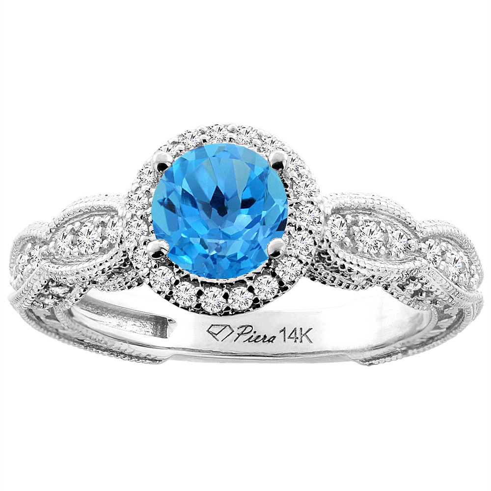 14K White Gold Natural Swiss Blue Topaz &amp; Diamond Halo Ring Round 6 mm, sizes 5-10