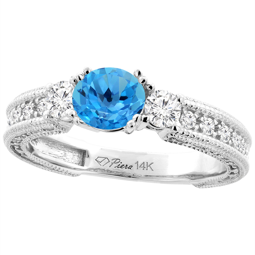 14K White Gold Natural Swiss Blue Topaz & Diamond Ring Round 6 mm, sizes 5-10