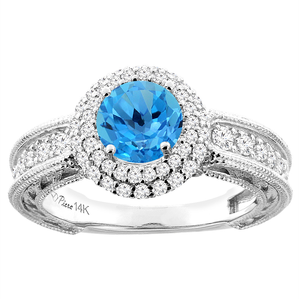 14K Yellow Gold Natural Swiss Blue Topaz & Diamond Halo Ring Round 6 mm, sizes 5-10