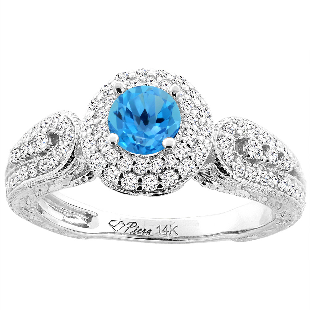 14K White Gold Natural Swiss Blue Topaz & Diamond Halo Ring Round 5 mm, sizes 5-10